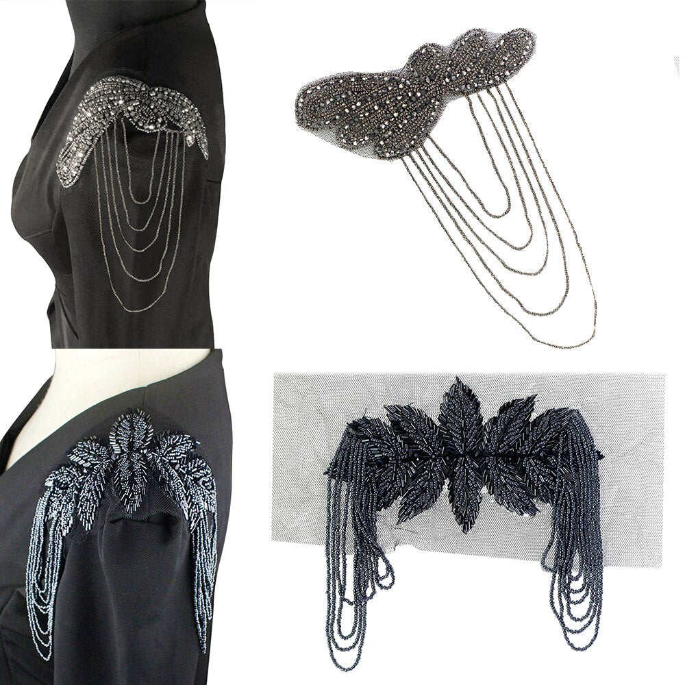 2pc Manual Beads Flower Leaf Tassels Shoulder Board Applique Collar Patch Tassel Epaulets Shoulder Flower DIY TH1671D