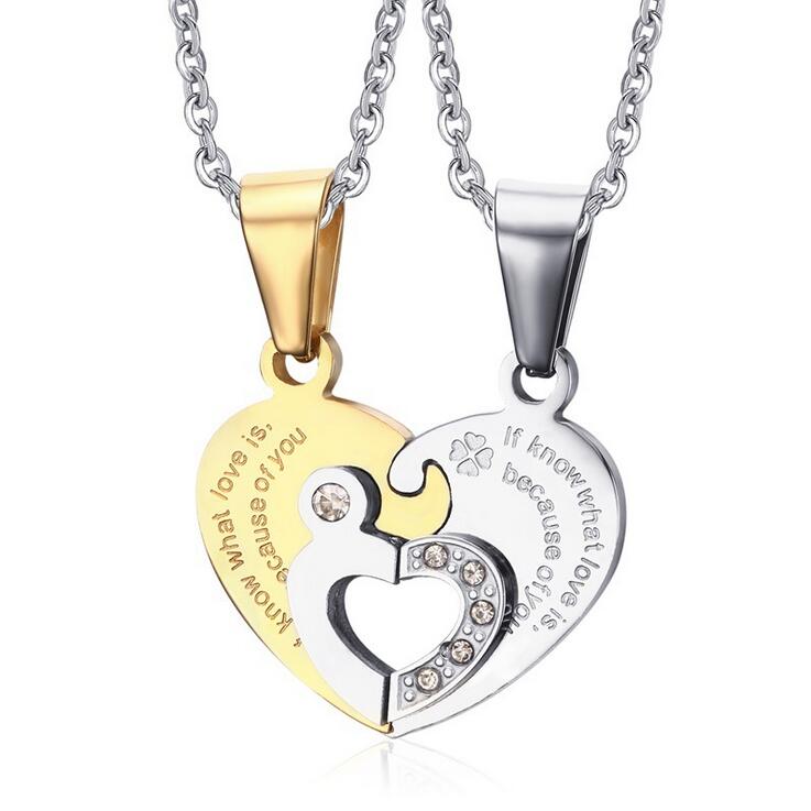 2pcs His & Hers Couples Gift Heart Stainless Steel Pendant Love Necklace for Lover Valentine Black Silver Colour Chains Included