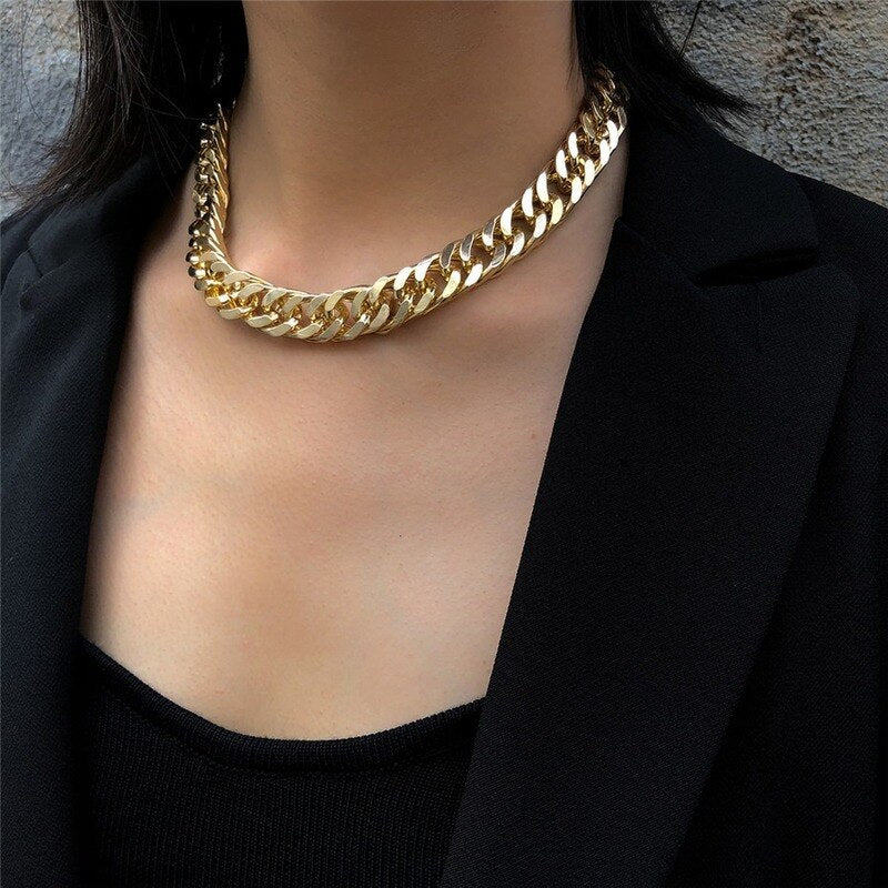 2pcs Punk Miami Cuban Choker Necklace Collar Statement Hip Hop Big Chunky Aluminum Gold Color Thick Chain Necklace Women Jewelry