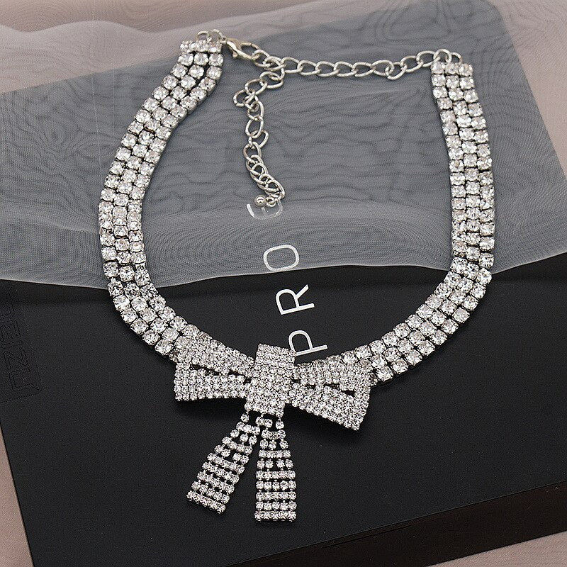 2pcs Sexy Full Rhinestone Bow-Knot Choker Necklace For Women Bling 3 Row Iced Out Chain Charm Party Jewelry