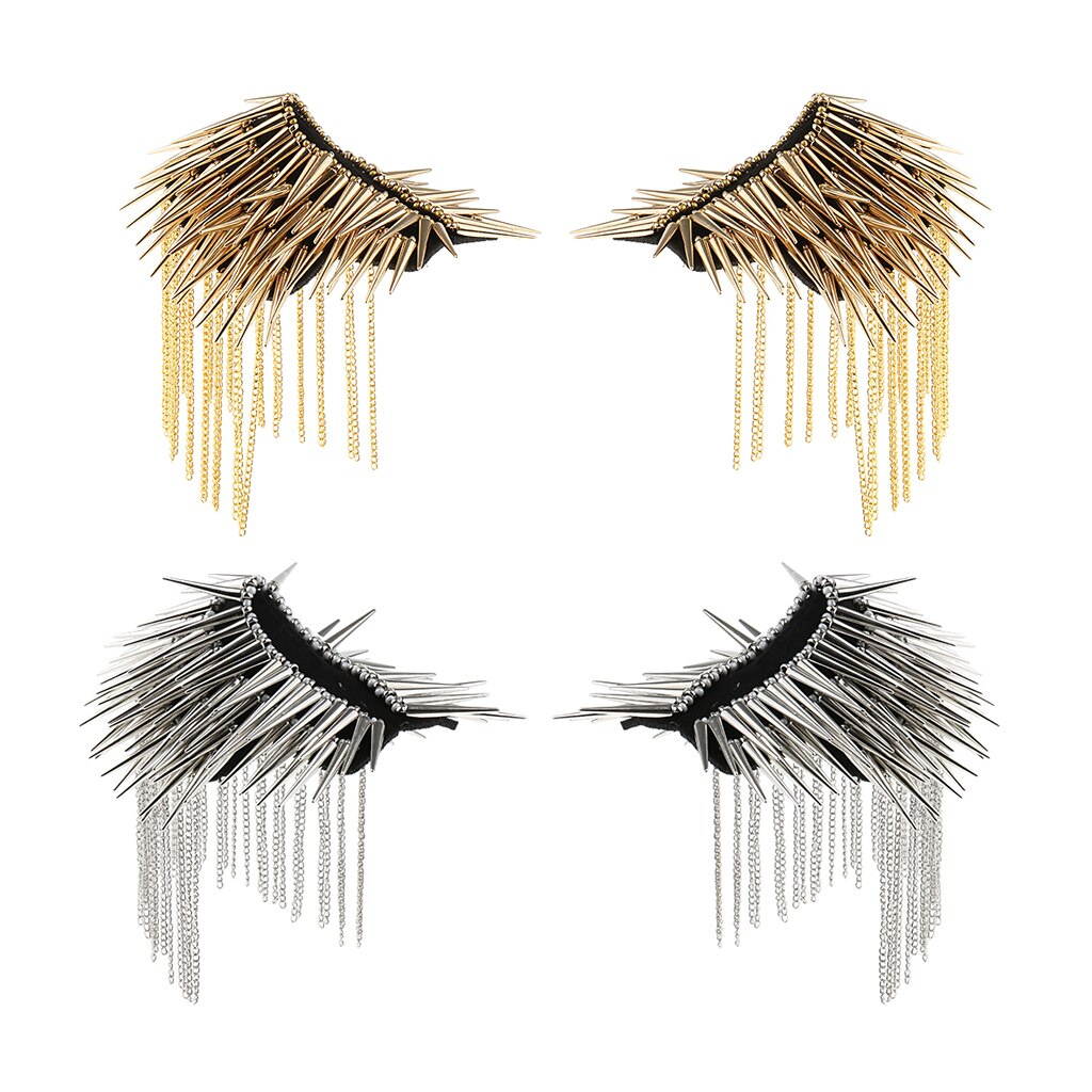 2pcs Women Shoulder Board Brooch Punk Metal Long Rivet Stud Spike Tassel Epaulette Clothes Ornaments
