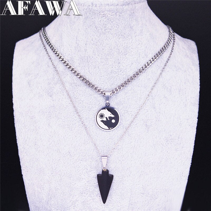 2pcs Yin Yang Gossip Stainless Steel Natural Stone Necklace Women/Men Black Viking Wolf Double Layer Necklace Jewelry NC1988S04