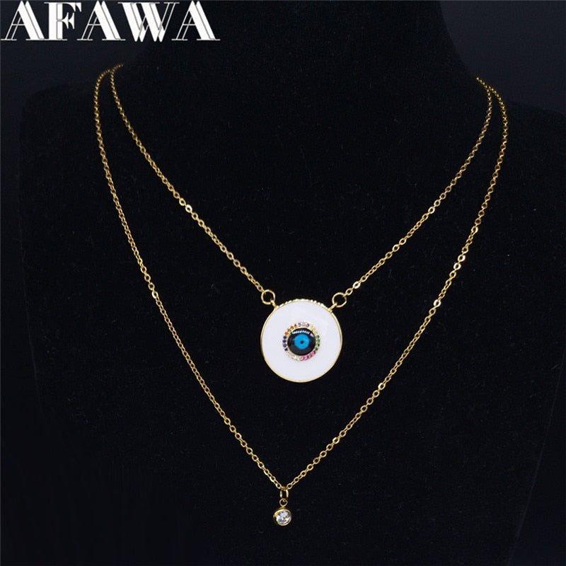 2pcs Zircon Copper Stainless Steel Islam Turkish Eye Necklace Double Layer Chain Necklace Gold Color Jewelry colier NC41S02