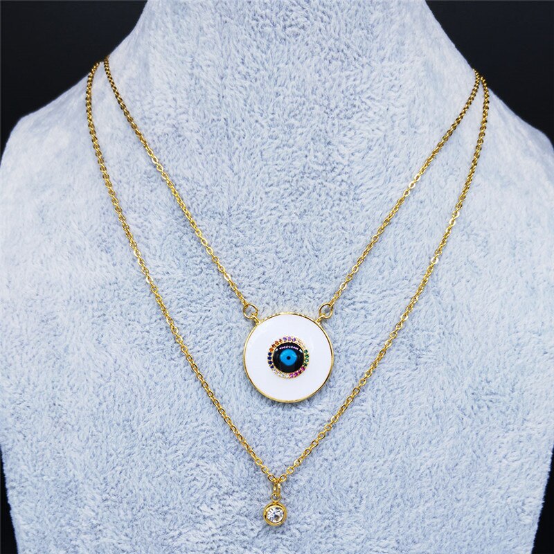 2pcs Zircon Copper Stainless Steel Islam Turkish Eye Necklace Double Layer Chain Necklace Gold Color Jewelry colier NC41S02