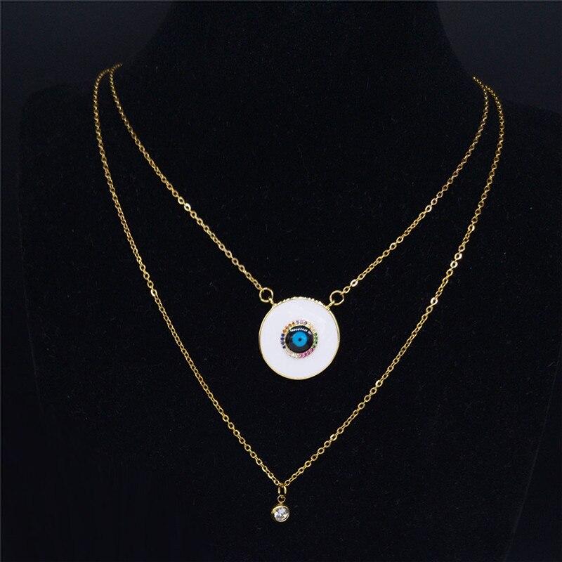 2pcs Zircon Copper Stainless Steel Islam Turkish Eye Necklace Double Layer Chain Necklace Gold Color Jewelry colier NC41S02