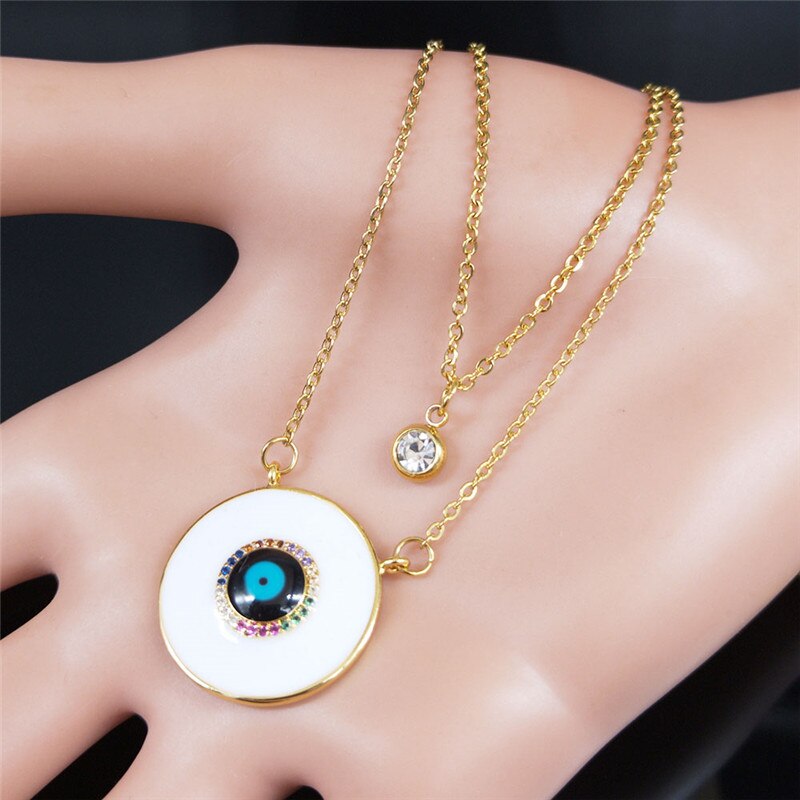 2pcs Zircon Copper Stainless Steel Islam Turkish Eye Necklace Double Layer Chain Necklace Gold Color Jewelry colier NC41S02