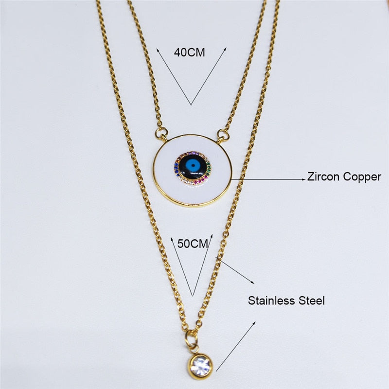 2pcs Zircon Copper Stainless Steel Islam Turkish Eye Necklace Double Layer Chain Necklace Gold Color Jewelry colier NC41S02