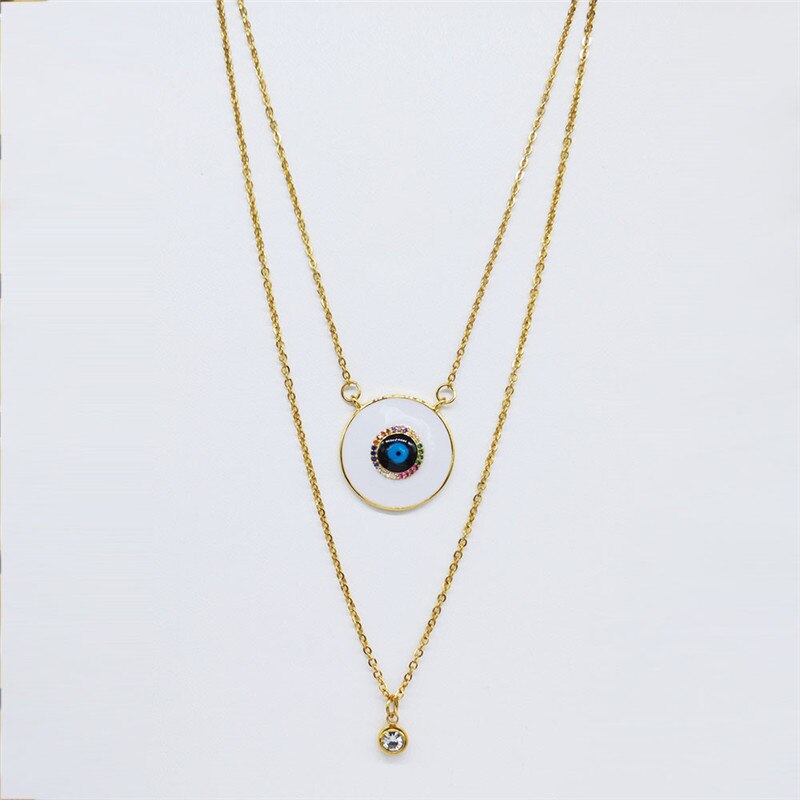 2pcs Zircon Copper Stainless Steel Islam Turkish Eye Necklace Double Layer Chain Necklace Gold Color Jewelry colier NC41S02