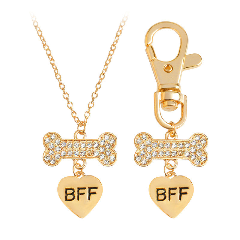 2pcs/set BFF Crystal Bone Heart Pendant Necklaces Keychain Key Chain Keyring Gold Silver Pet Dog Tag Gift for Dog Parents