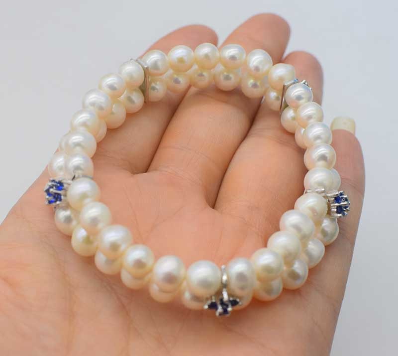 2rows pearl near round 8-9mm bracelet blue flower pendant 7.5inch   beads nature handcraft