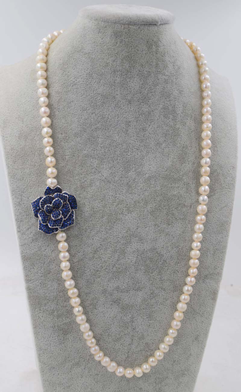 2rows pearl white near round 8-9mm &blue flower pendant necklace 28-32inch   beads nature