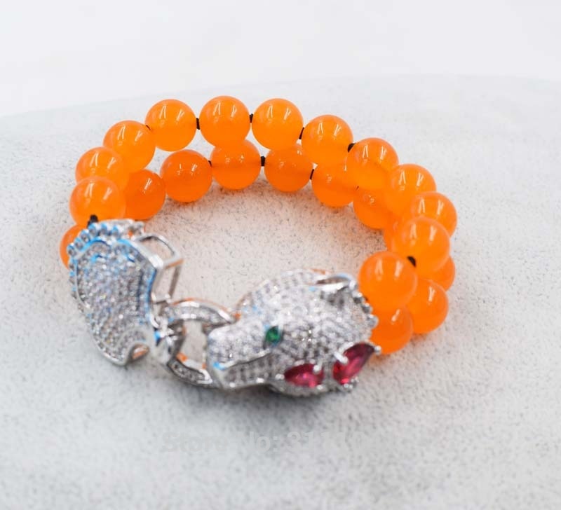 2rows orange jade round 10mm 12mm +leopard clasp bracelet 7.5inch   beads nature handcraft