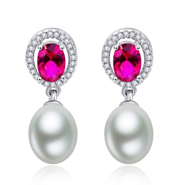 3.8ct 100% 925 Sterling Silver Earrings Oval Cut ruby red earrings Cz Fresh Water Pearl Elegant silver earring drop bijoux