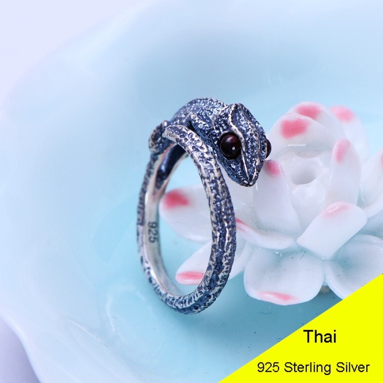 3 Colors 925 Sterling Silver Retro Open Ring Men Thai Silver Fine Jewelry Gift Man-Made Garnet Lizard Finger Ring CH056032