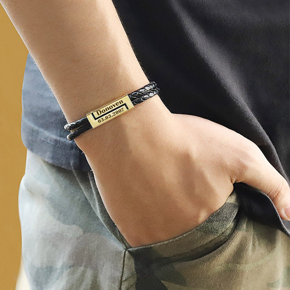3 Colors Customize Bracelet 2022 For Men Custom Logo Name  Leather Stainless Steel Bracelets