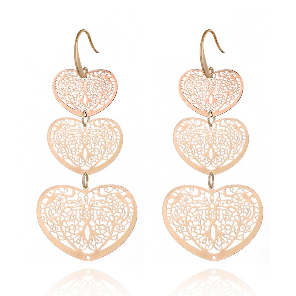 3 Hollow Lovey Cute Long Heart Pendant Drop Earring Silvery Gold Mix Color Earrings For Women Girl 2022 Jewelry
