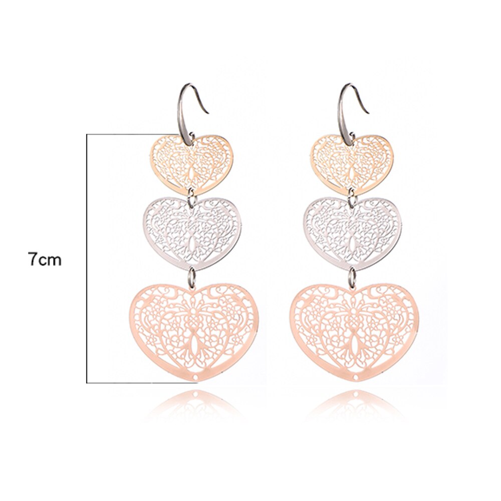 3 Hollow Lovey Cute Long Heart Pendant Drop Earring Silvery Gold Mix Color Earrings For Women Girl 2022 Jewelry