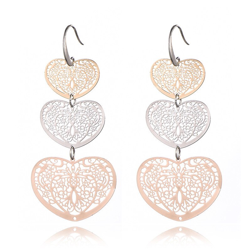 3 Hollow Lovey Cute Long Heart Pendant Drop Earring Silvery Gold Mix Color Earrings For Women Girl 2022 Jewelry