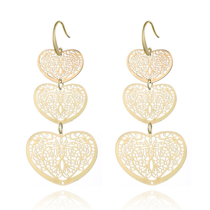 3 Hollow Lovey Cute Long Heart Pendant Drop Earring Silvery Gold Mix Color Earrings For Women Girl 2022 Jewelry