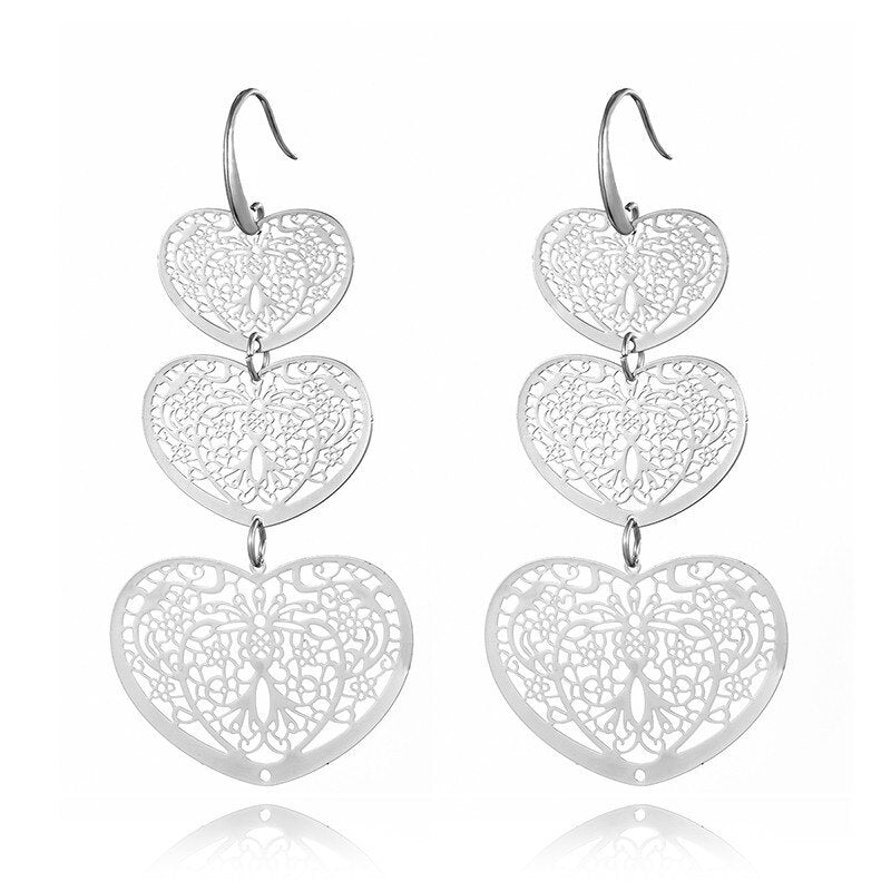3 Hollow Lovey Cute Long Heart Pendant Drop Earring Silvery Gold Mix Color Earrings For Women Girl 2022 Jewelry