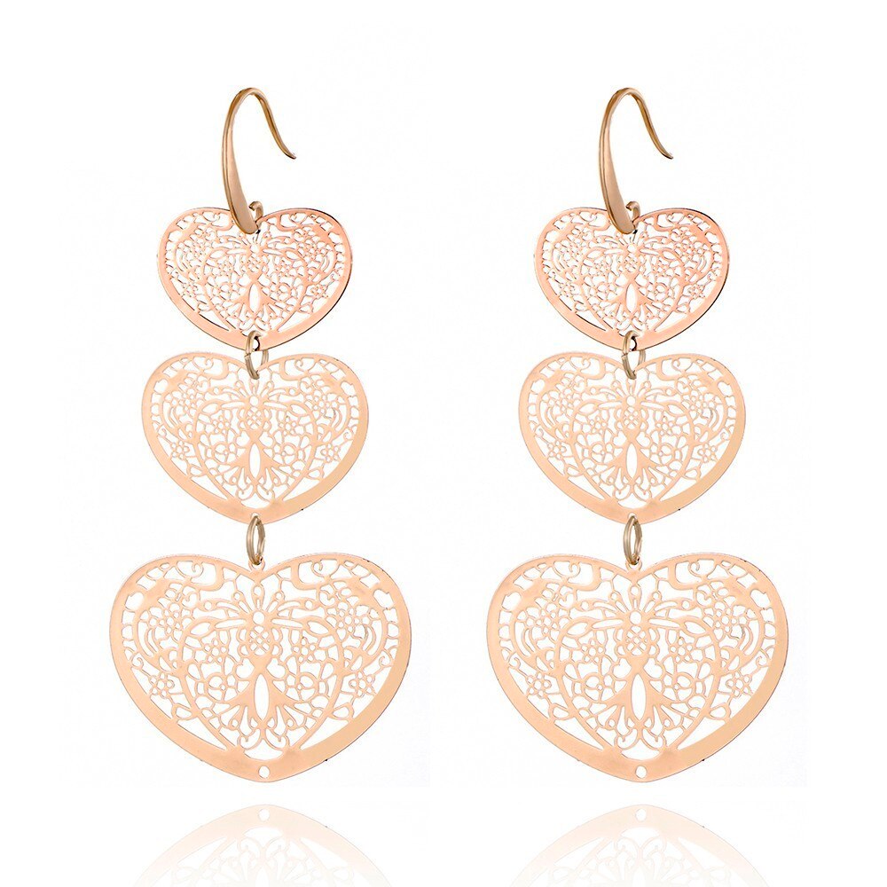 3 Hollow Lovey Cute Long Heart Pendant Drop Earring Silvery Gold Mix Color Earrings For Women Girl 2022 Jewelry