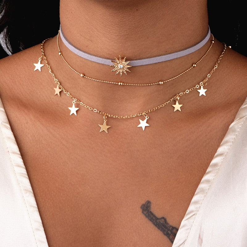3 Layers trendy Necklace Set cute sun star pendant gold color round bead Chain Necklaces choker gifts for women