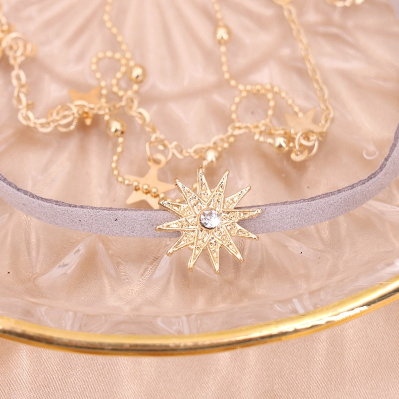 3 Layers trendy Necklace Set cute sun star pendant gold color round bead Chain Necklaces choker gifts for women