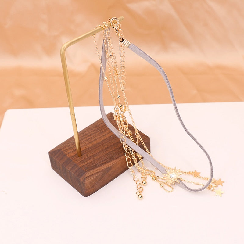 3 Layers trendy Necklace Set cute sun star pendant gold color round bead Chain Necklaces choker gifts for women