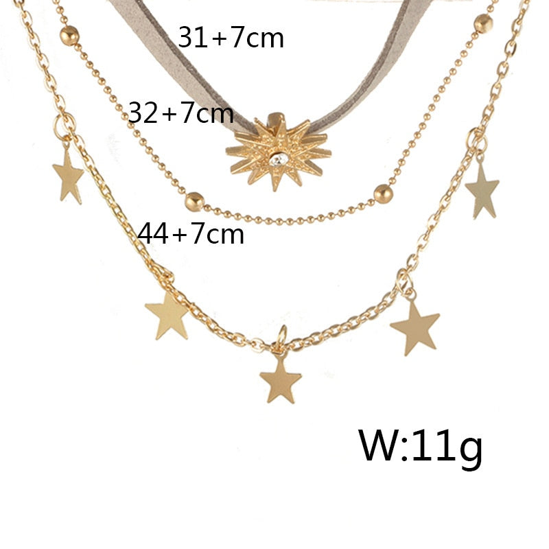 3 Layers trendy Necklace Set cute sun star pendant gold color round bead Chain Necklaces choker gifts for women