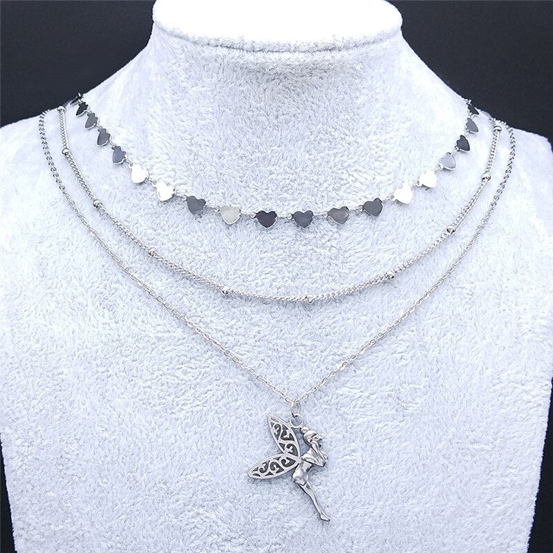3 PCS Stainless Steel Shell Bead Bohemia Layer Necklace for Women Silver Color Elf Necklace Jewelry bijoux femme NXS04