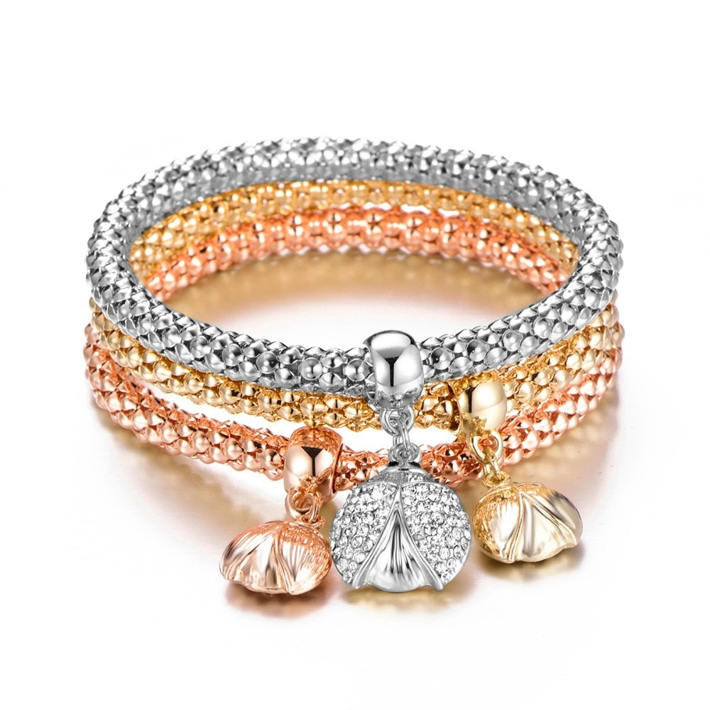 3 Pcs/Set Crystal Charm Bracelets & Bangles For Women Gold Silvery Mix Color Pendants Rhinestone Bracelets Bohemia Jewelry Gift