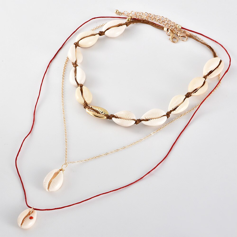 3 Pcs/Set Female Necklaces Folk Custom Shell Red Cord Clavicle Chain Pendant Multilayer Gold Long Necklace Set Beach Jewelry