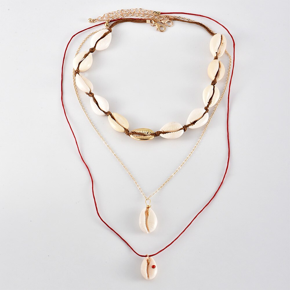 3 Pcs/Set Female Necklaces Folk Custom Shell Red Cord Clavicle Chain Pendant Multilayer Gold Long Necklace Set Beach Jewelry
