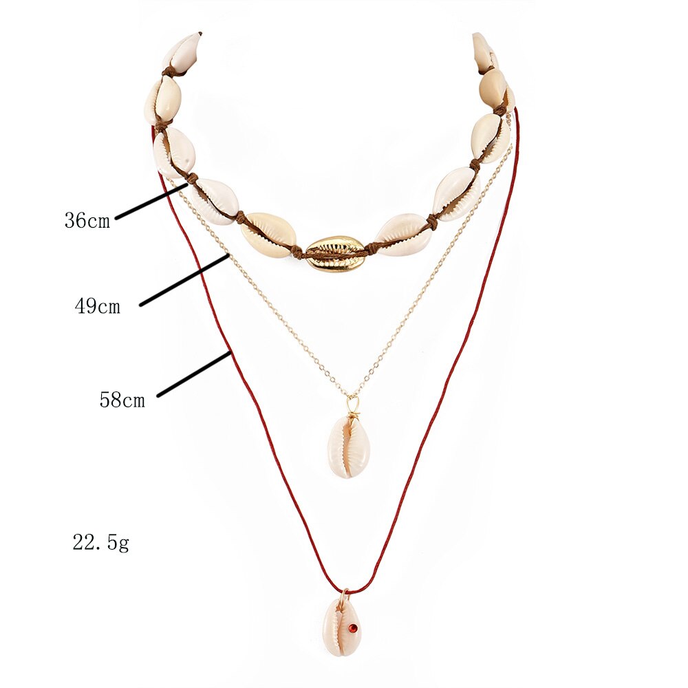 3 Pcs/Set Female Necklaces Folk Custom Shell Red Cord Clavicle Chain Pendant Multilayer Gold Long Necklace Set Beach Jewelry