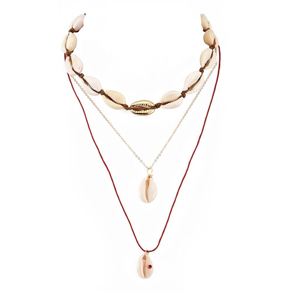 3 Pcs/Set Female Necklaces Folk Custom Shell Red Cord Clavicle Chain Pendant Multilayer Gold Long Necklace Set Beach Jewelry