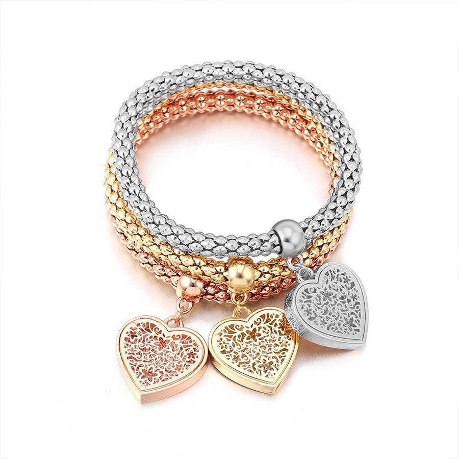 3 Pcs Set Heart Charm Bracelets Gold Silvery Popcorn Chain With Crystal In Locket Pendants Bracelets & Bnagles Jewelry For Women