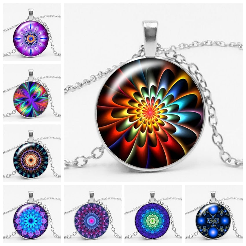 3-color Charm Kaleidoscope Buddhist Yoga Mandala Time Glass Gem Necklace Round Crystal Pendant Jewelry