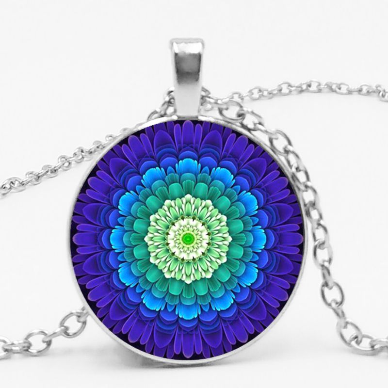 3-color Charm Kaleidoscope Buddhist Yoga Mandala Time Glass Gem Necklace Round Crystal Pendant Jewelry