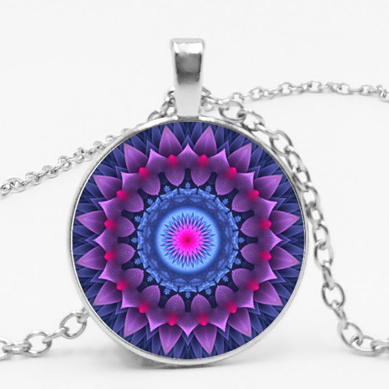 3-color Charm Kaleidoscope Buddhist Yoga Mandala Time Glass Gem Necklace Round Crystal Pendant Jewelry