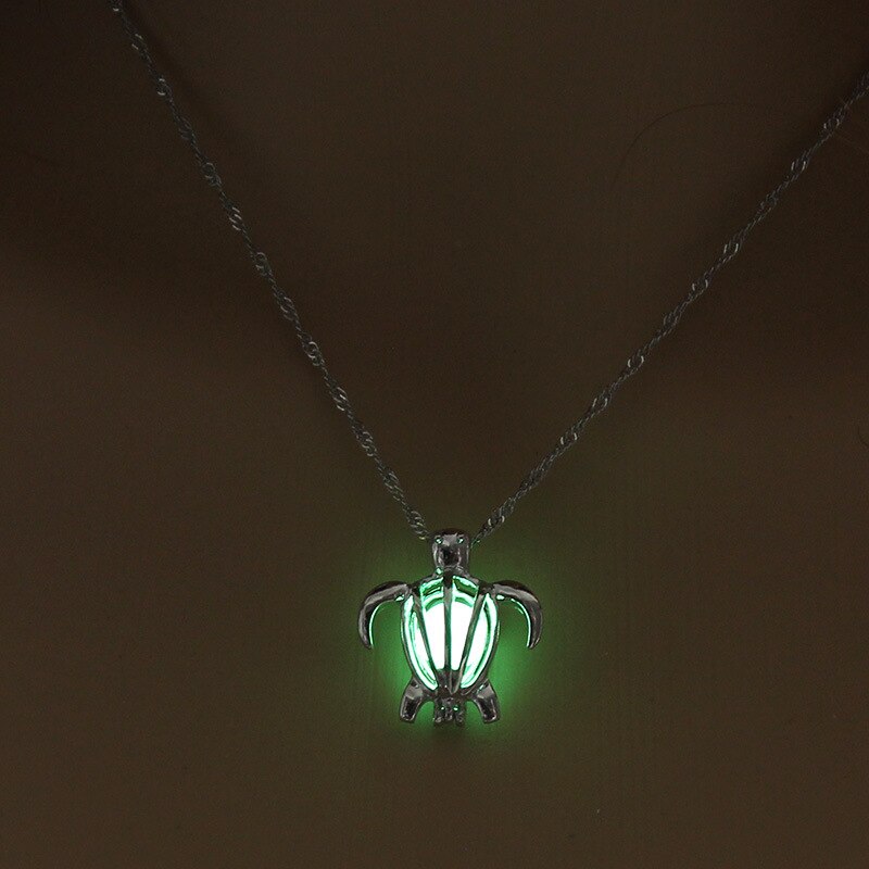 3 colors Turtle Glow In The Dark Necklaces women Hollow animal tortoise cage pendant Silver color chain For Jewelry
