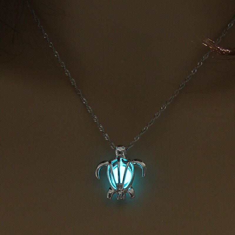 3 colors Turtle Glow In The Dark Necklaces women Hollow animal tortoise cage pendant Silver color chain For Jewelry