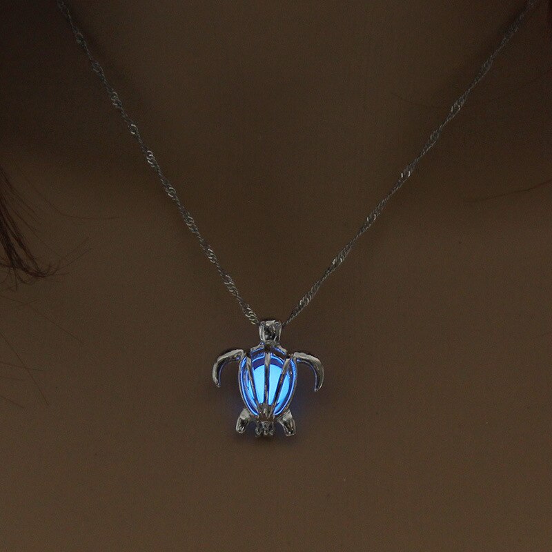 3 colors Turtle Glow In The Dark Necklaces women Hollow animal tortoise cage pendant Silver color chain For Jewelry