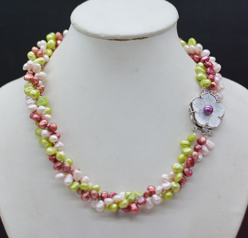 3-strand pearl necklace. Exquisite shell necklace clasp. Natural baroque cultured pearls. Pretty girl birthday. gift 20