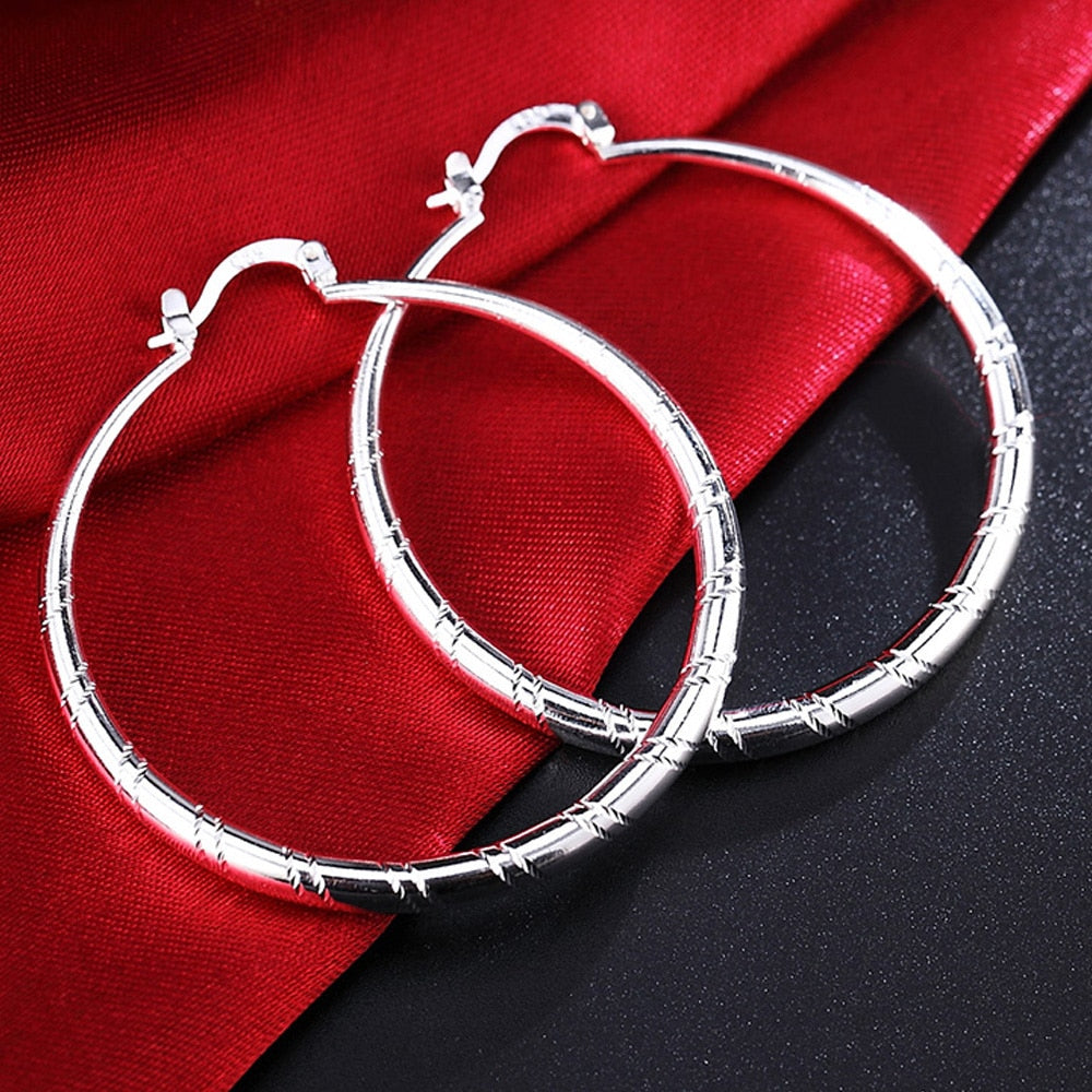 30/40/50/60mm Carving Circle Hoop Earrings For Women Big Small Earring 925 Stamp Silver Color Vintage  Jewelry Christmas