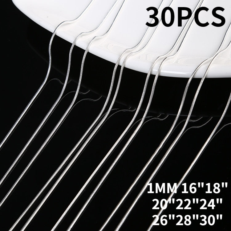 30PCS/lot silver 1MM Snake chains necklaces for women men  designer jewelry set party wedding gifts