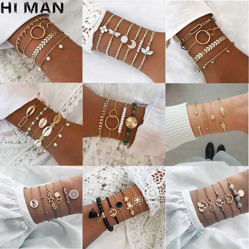 31 Styles Boho Mixed Leaves Letter Map Geometric Crystal Infinity  Pentagram Shell Multi-layer Chain Bracelet Women