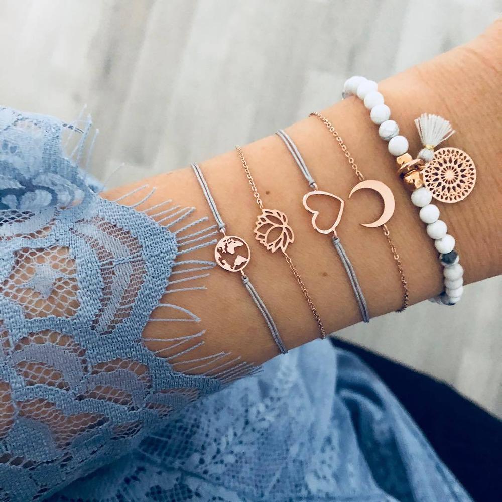 31 Styles Boho Mixed Leaves Letter Map Geometric Crystal Infinity  Pentagram Shell Multi-layer Chain Bracelet Women