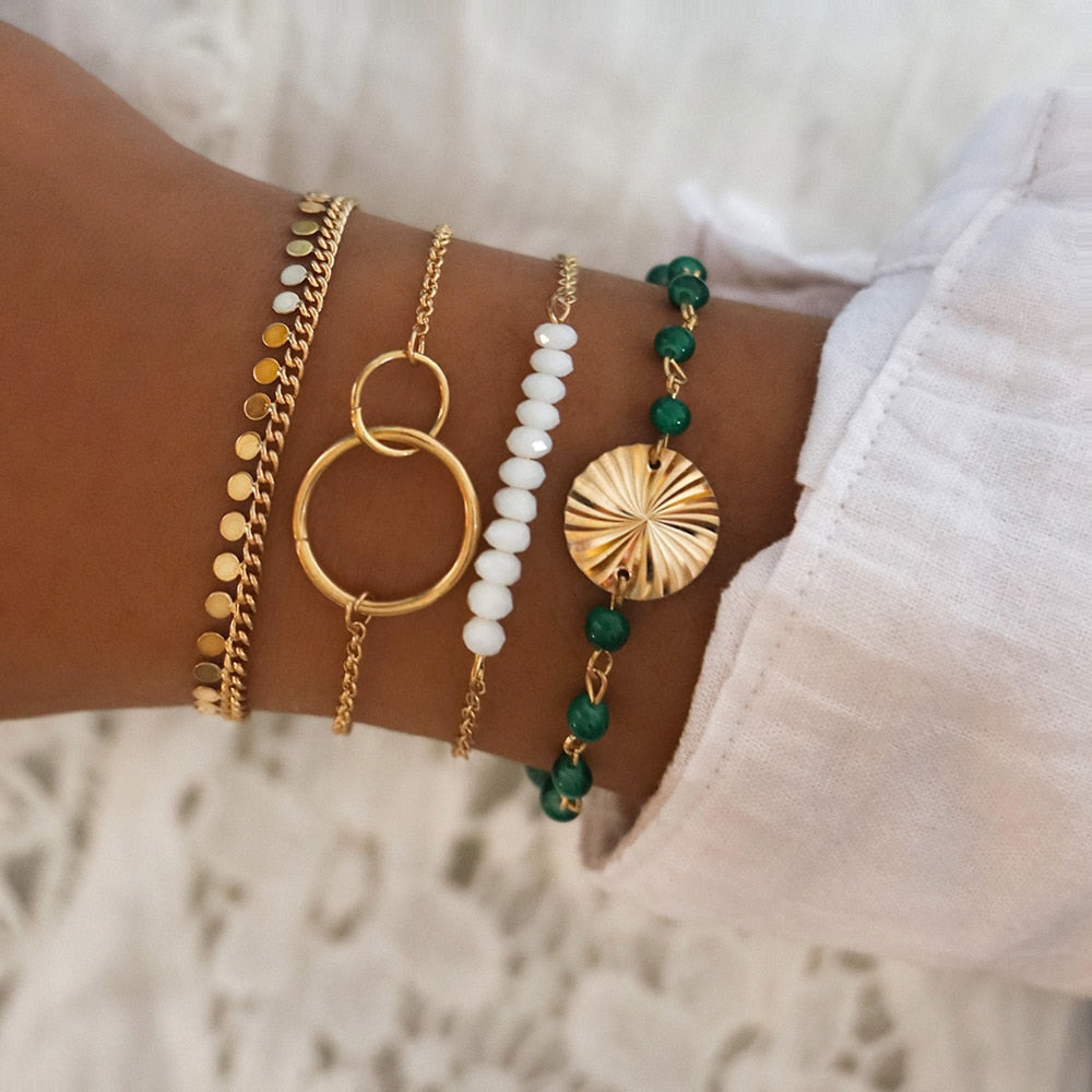 31 Styles Boho Mixed Leaves Letter Map Geometric Crystal Infinity  Pentagram Shell Multi-layer Chain Bracelet Women