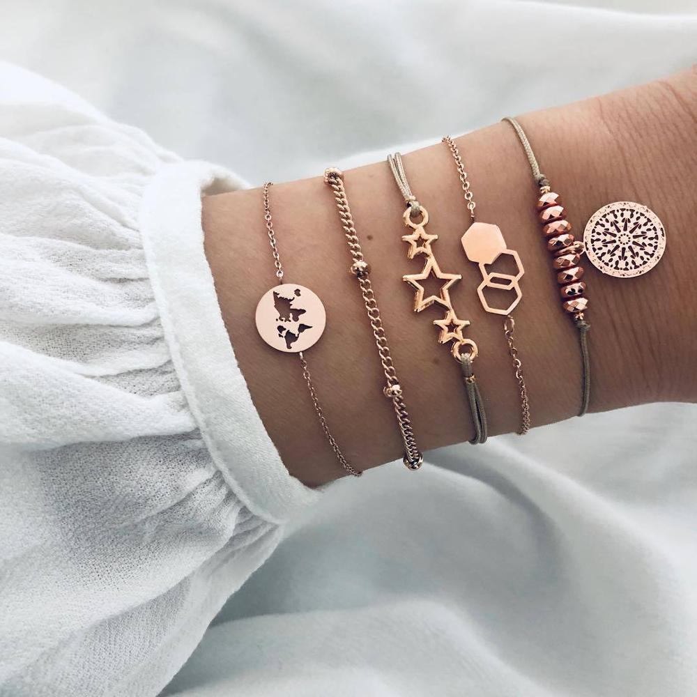 31 Styles Boho Mixed Leaves Letter Map Geometric Crystal Infinity  Pentagram Shell Multi-layer Chain Bracelet Women