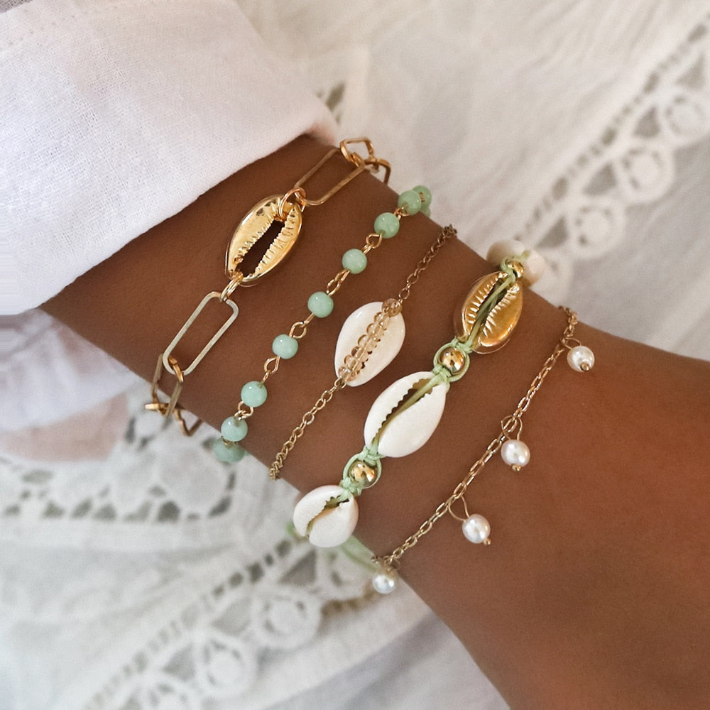 31 Styles Boho Mixed Leaves Letter Map Geometric Crystal Infinity  Pentagram Shell Multi-layer Chain Bracelet Women